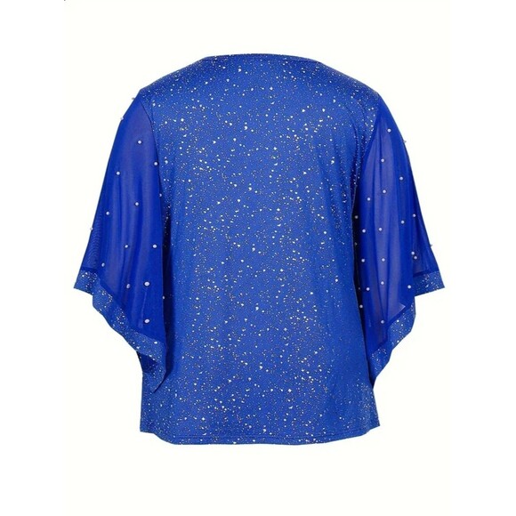 EUC Cobalt Blue Shimmering Top with Pearl Accents on Sleeves, 2XL - Picture 3 of 7